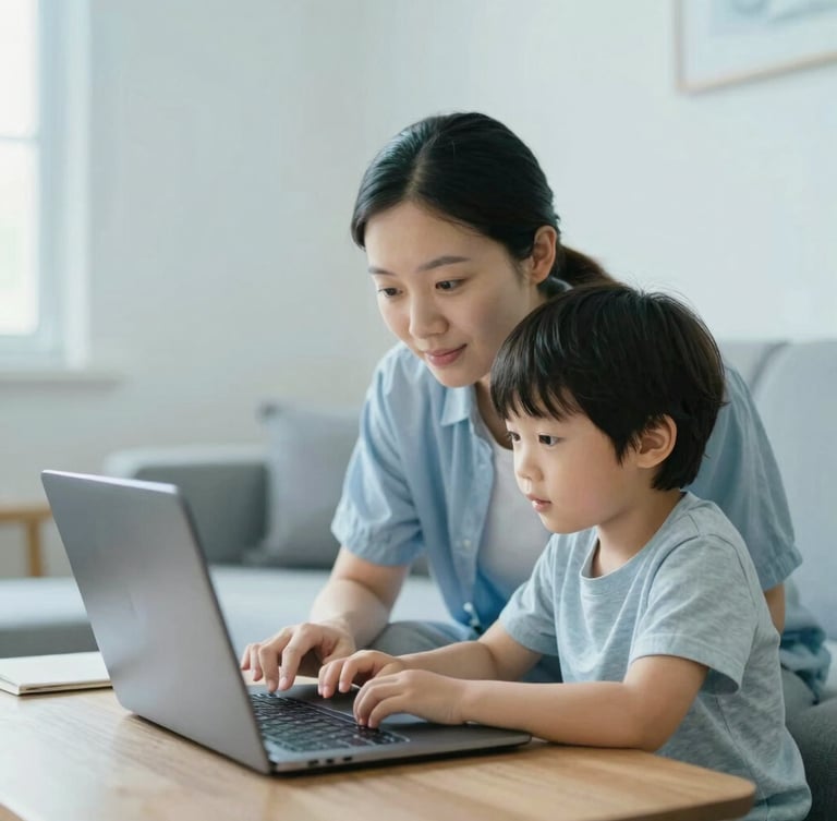A parent and child looking at a laptop screen together in a sunlit living room, soft blue tones, quiet focused atmosphere, clean modern interior, 35mm
