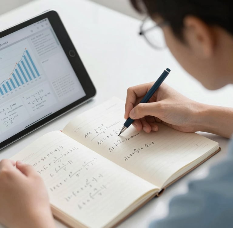 A student deeply focused in a quiet, sunlit room, close-up on a notebook with handwritten equations alongside a clean tablet interface showing progress charts, 35mm photography.