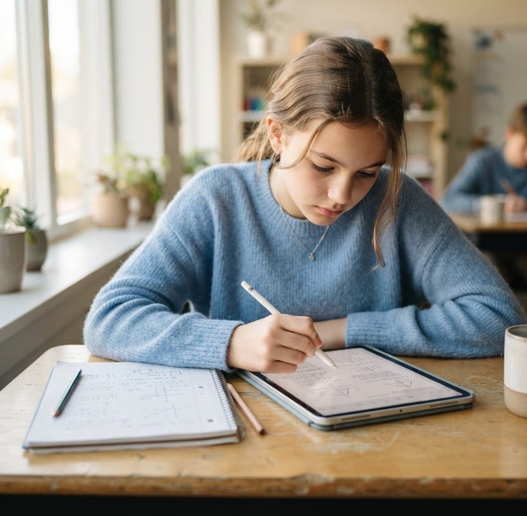 Bright natural daylight, a young student focused on a tablet screen at a clean wooden desk, handwritten math equations in a notebook beside them, shallow depth of field, 35mm