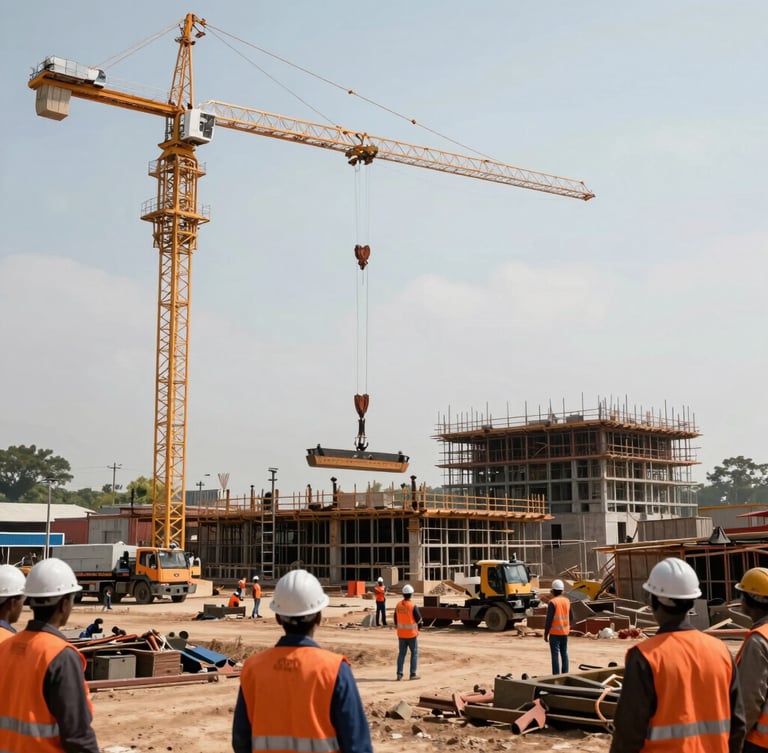 Wide environmental shot of an active industrial construction site in the DRC copper belt, massive steel structures being assembled by cranes under bright equatorial daylight, engineers in high-visibility orange vests and hardhats visible in the foreground.