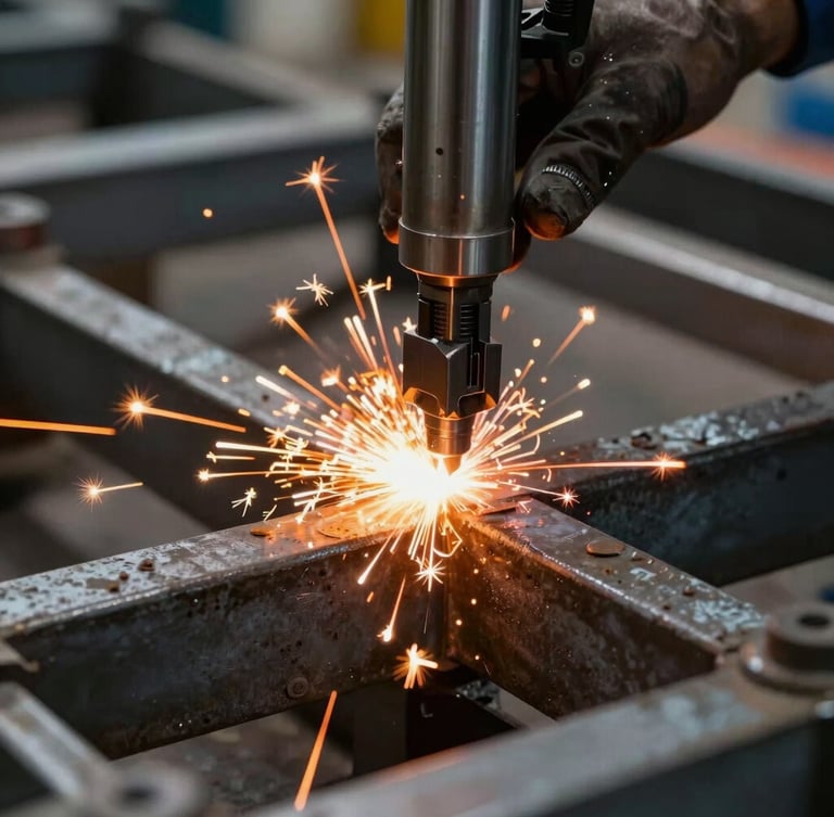 Gros plan technique d'une soudure sur une structure en acier industriel, étincelles orange vives, précision chirurgicale, mise au point nette.