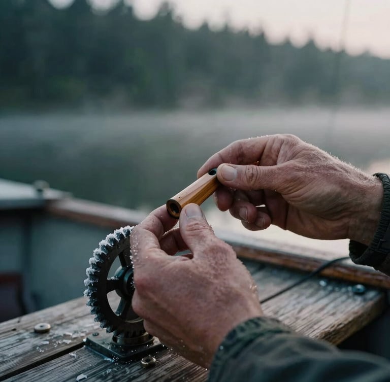 Tight macro shot of weathered hands tuning a wooden duck call, ice-rimmed gear on a wooden boat deck, low-light dawn, desaturated tones.