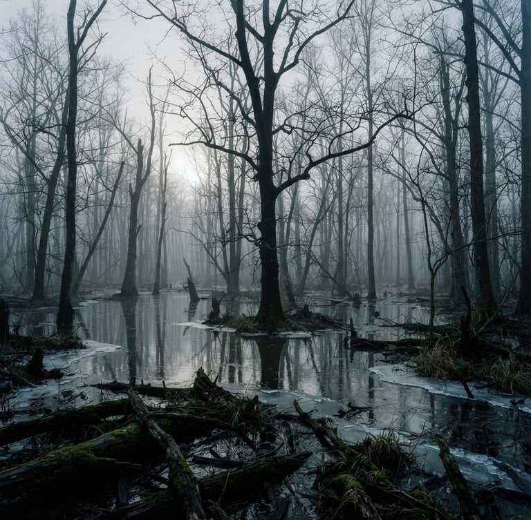 Wide environmental shot of flooded timber at dawn, heavy atmospheric fog filtering through bare oak trees, ice-rimmed water, 35mm film style.