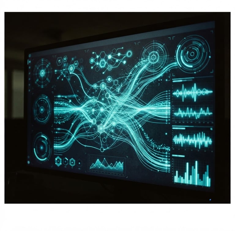 Sleek dark-mode tech photograph of a digital dashboard interface, showing data flows and AI processes, with neon cyan accents, sharp focus, low-key lighting, 35mm, bleeding to the left edge.