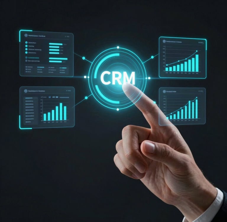 Close-up of a hand interacting with a holographic interface displaying interconnected business applications like CRM, ERP, and financial software, sleek dark-mode tech, moody low-key lighting, neon cyan accents, sharp focus, premium corporate aesthetic, 35mm