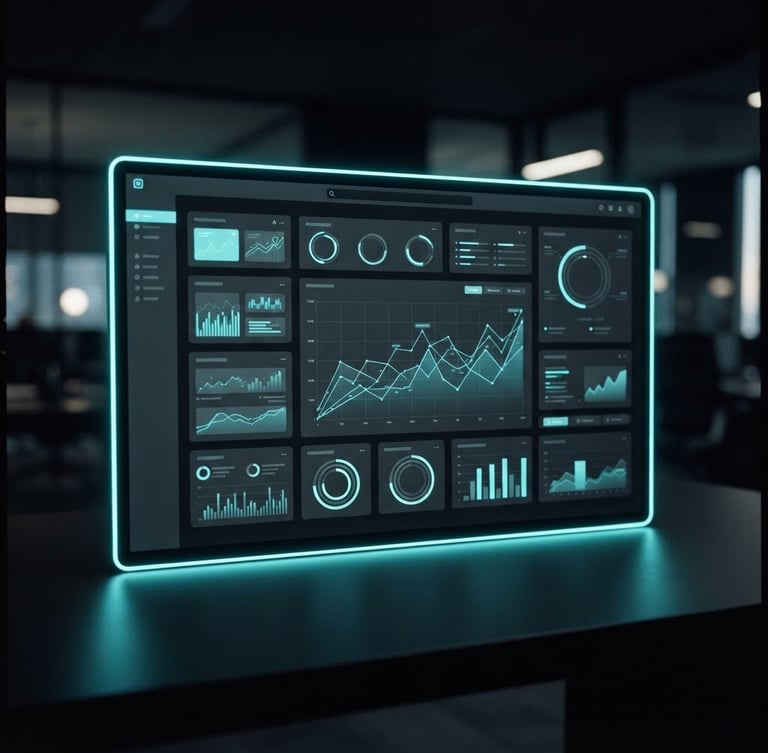 Sleek dark-mode website mockup with a glowing neon cyan border, displaying a clean, modern user interface, sharp focus, 35mm