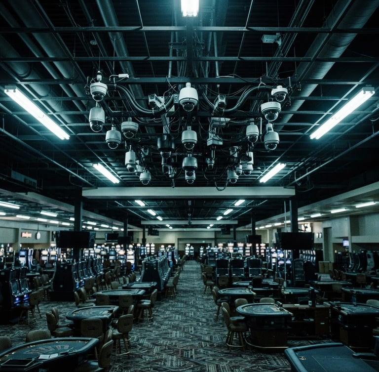 Stark documentary photography of an empty casino floor under harsh fluorescent lighting, focusing on a ceiling array of security cameras, desaturated cold tones, high contrast shadows, 35mm lens.