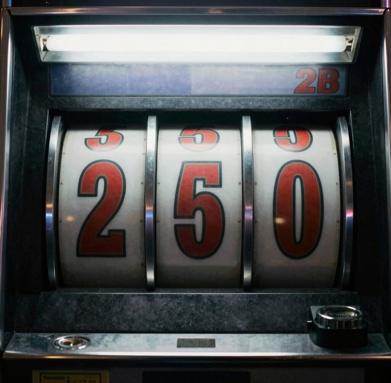 stark documentary photography, extreme close-up of a slot machine's spinning reels, harsh artificial fluorescent lighting, desaturated cold tones, high contrast shadows, 35mm lens