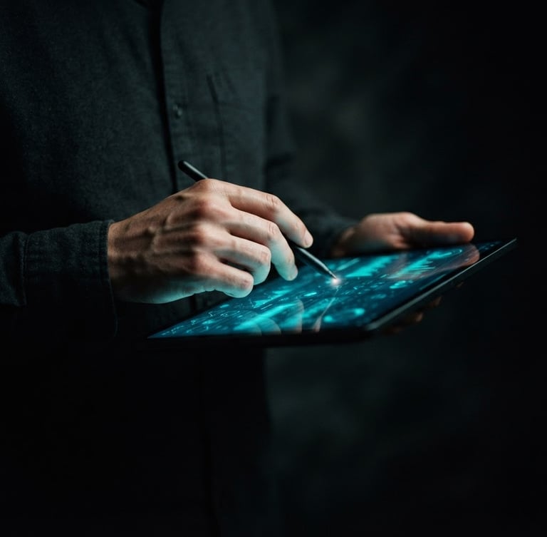 Moody studio photography, an artist's hands subtly interacting with a tablet displaying social media analytics, electric turquoise glow from the screen, dark background, shallow depth of field, portrait aspect.