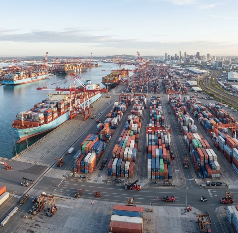 Wide panoramic view of a modern, organized shipping port at sunrise, large cargo ships docked, containers stacked neatly, bright neutral daylight, crisp commercial photography.