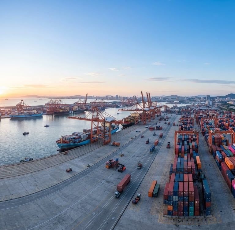 Wide panoramic view of a modern, organized container port at sunrise, cargo ships docked, industrial cranes, with a clear blue sky, soft light, container stacks on the right third, expansive foreground. crisp commercial photography, bright neutral daylight, industrial logistics and clean product shots, sharp focus, 35mm