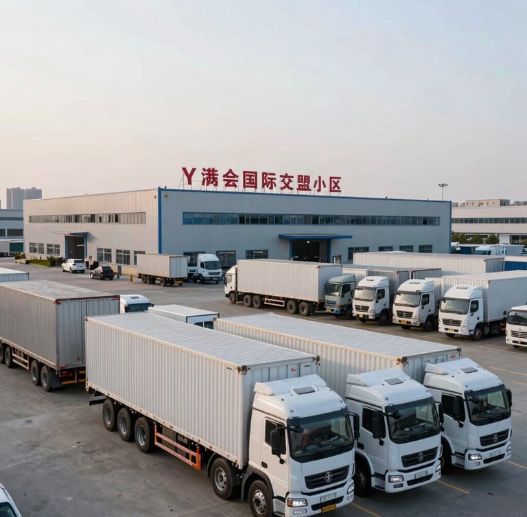 Wide panoramic shot of Yiwu International Trade City at dusk, bustling with activity, modern logistics trucks in the foreground, clean and professional, 35mm crisp commercial photography.