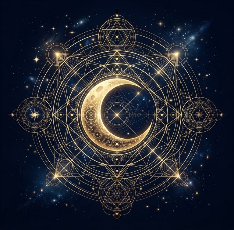 Mystical digital illustration of a crescent moon nested in gold celestial geometry, deep midnight blue background, high-contrast vector lines, atmospheric lighting