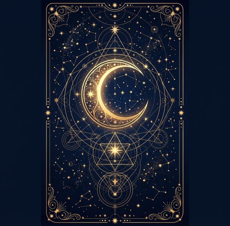 Mystical digital illustration of a stylized tarot card with celestial geometry, golden crescent moon, and stars on a deep midnight blue background, high contrast, clean vector lines.