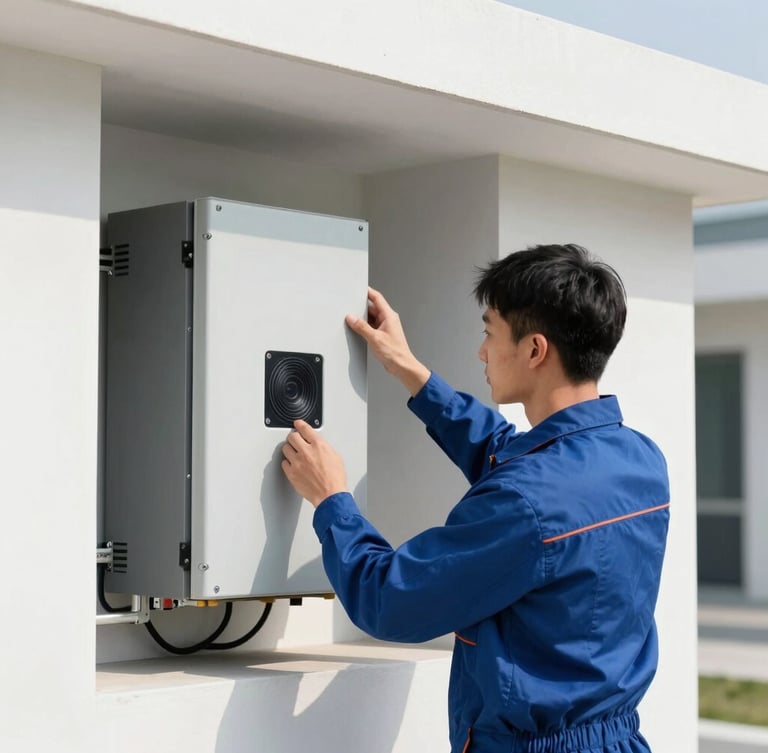 Professional electrician in clean uniform inspecting a modern solar inverter system, bright daylight, 35mm lens, sharp architectural framing