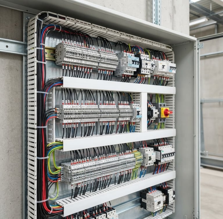 Close-up of a perfectly organized industrial electrical panel with clean, labeled wiring, bright high-contrast daylight, sharp industrial photography
