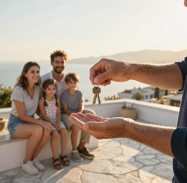 A close-up of a local Turkish host handing over keys to a smiling family on a sunny stone terrace, warm golden-hour light