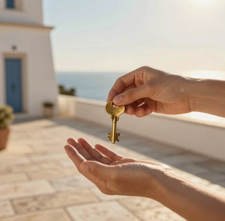 Warm environmental close-up of hands handing over brass keys on a sunny stone terrace, soft golden-hour sunlight, inviting Mediterranean tones, 35mm lens