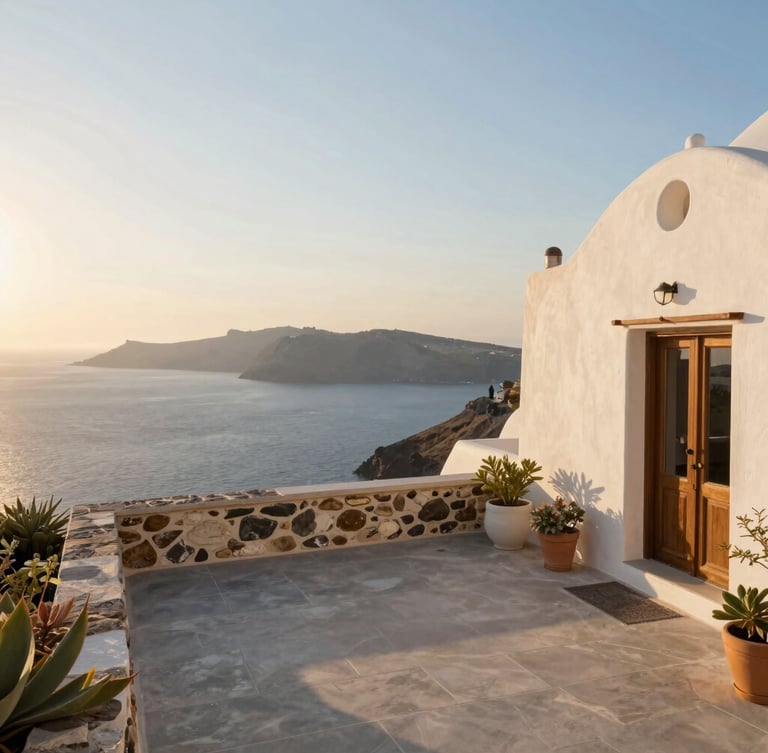 Wide environmental shot of a peaceful Aegean stone villa terrace overlooking the blue sea at golden hour, warm sunlight, soft shadows, inviting atmosphere