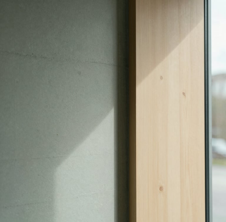 Editorial minimalist photography of a serene architectural detail inside a Hamburg practice, soft shadows on a concrete and light oak wall, clean lines, shallow depth of field.
