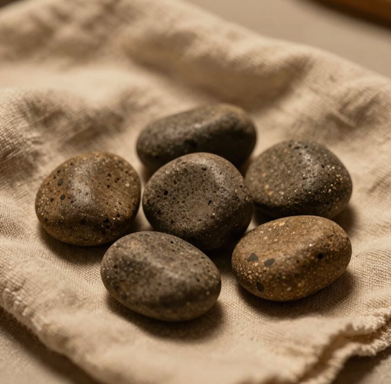 Macro shot of warm basalt stones resting on heavy organic cotton linens, soft warm lighting, low contrast.