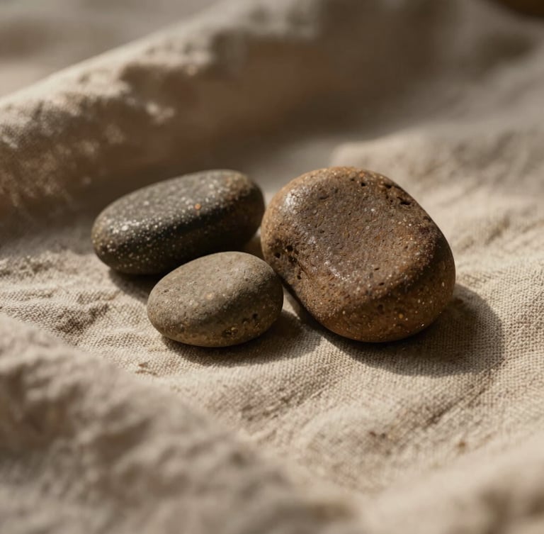 Intimate macro shot of warm basalt stones resting on heavy, textured organic cotton linen, low-contrast warm diffused lighting, shallow depth of field.
