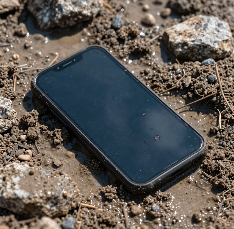Gritty action product photography, harsh direct sunlight, close-up of a rugged black smartphone half-buried in wet mud with water droplets on the screen, rocky terrain background, 35mm lens.