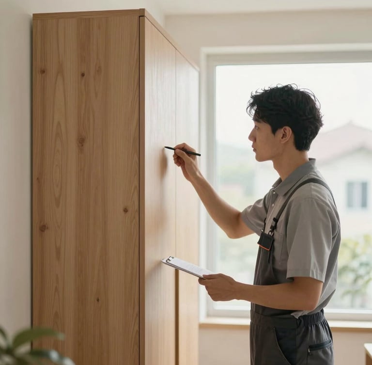 A professional technician in a clean uniform inspecting a modern residential wooden cabinet under soft, natural daylight.