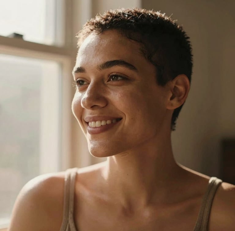 Intimate portrait of a queer woman smiling thoughtfully, warm natural window light highlighting her expression, soft earthy tones, shallow depth of field, 35mm photography style.