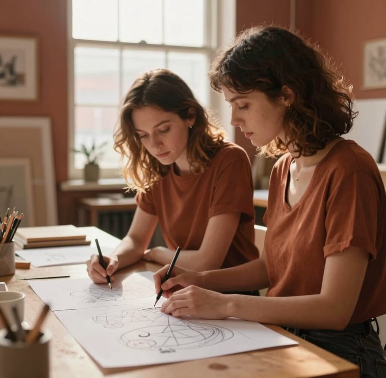 An intimate medium shot of two women collaborating over design drafts in a sunlit community studio, rich terracotta tones, soft window light, 35mm