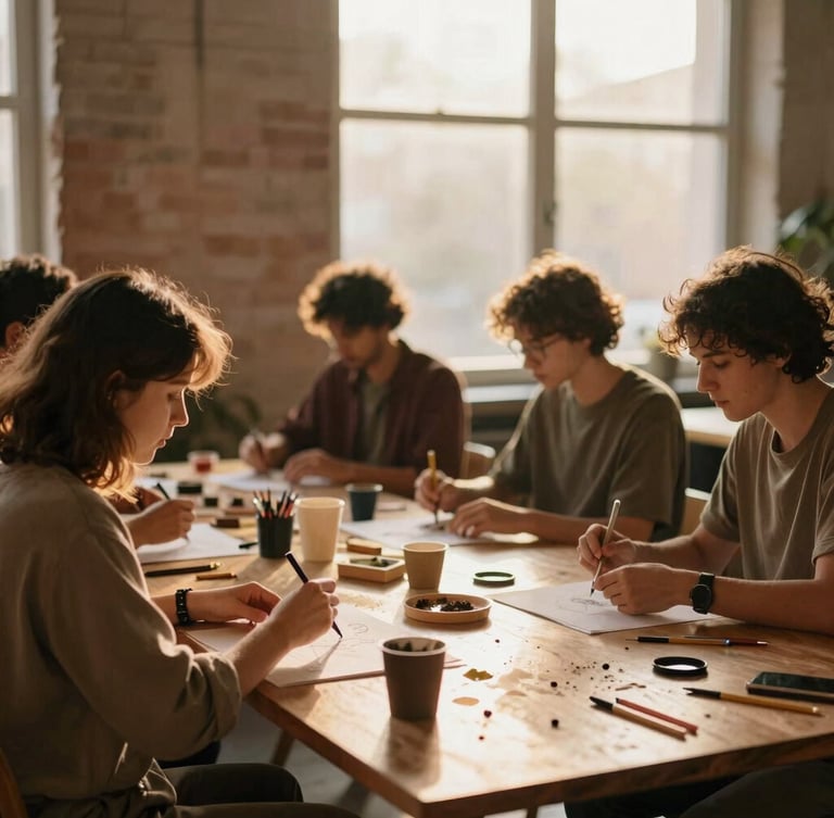Warm editorial photography of a collaborative community workshop in a sunlit loft, soft golden-hour window light, rich earthy tones, 35mm.