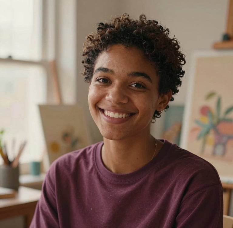 Medium close-up of a non-binary creator smiling warmly in a sunlit art studio, soft diffused window light, rich plum and terracotta tones, 35mm