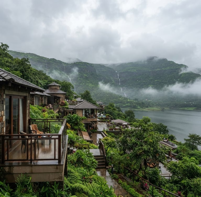 Wide panoramic view of Lake View Resort, Lonavala, during monsoon. Lush green hills, misty atmosphere, soft overcast daylight, with a glimpse of a room balcony overlooking the valley.