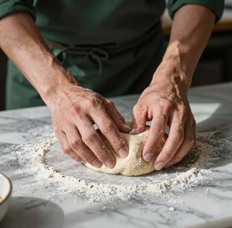 Close-up of chef's hands kneading rustic dough on a flour-dusted marble counter, soft northern daylight casting deep shadows.