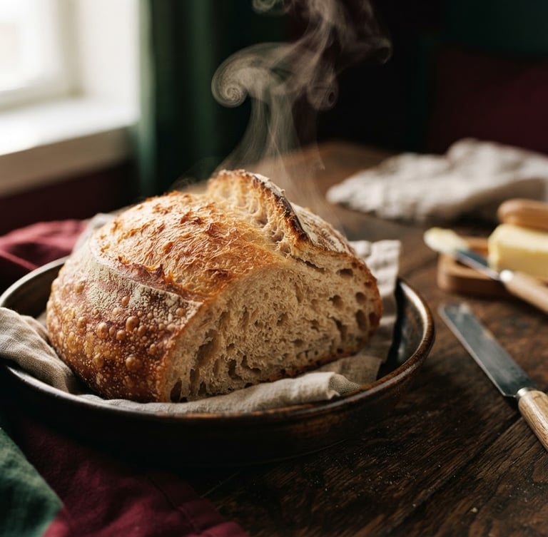 Close-up of steam rising from freshly baked sourdough bread on a dark wooden table, soft scandinavian daylight, shallow depth of field, warm editorial style
