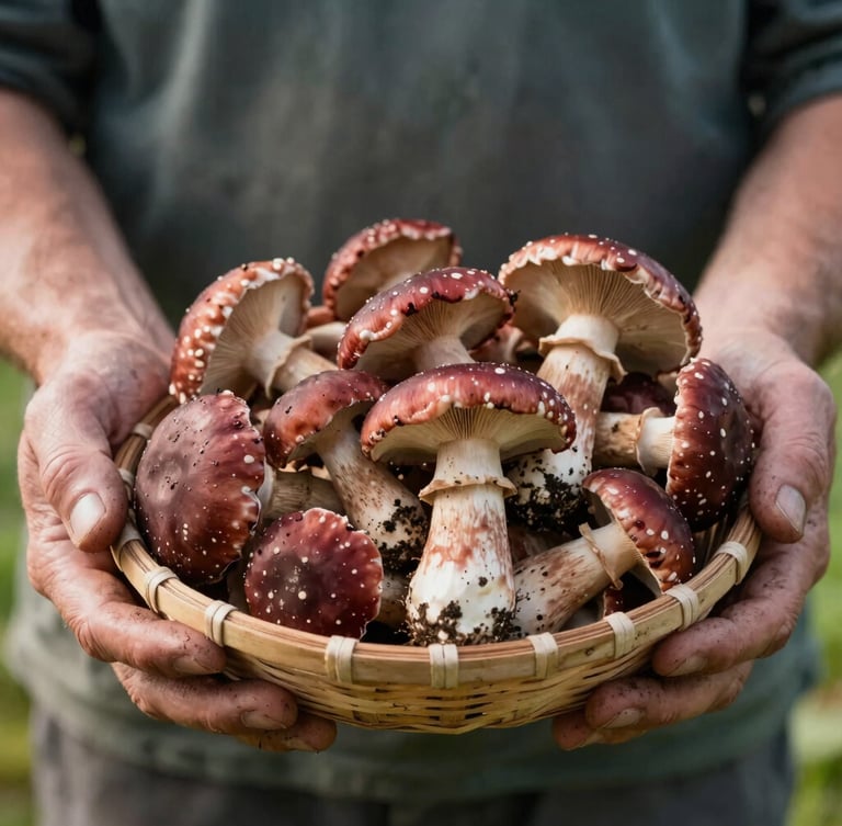 Close-up of a farmer's dirt-stained hands holding a basket of freshly picked wild mushrooms, soft morning daylight, shallow depth of field, 35mm