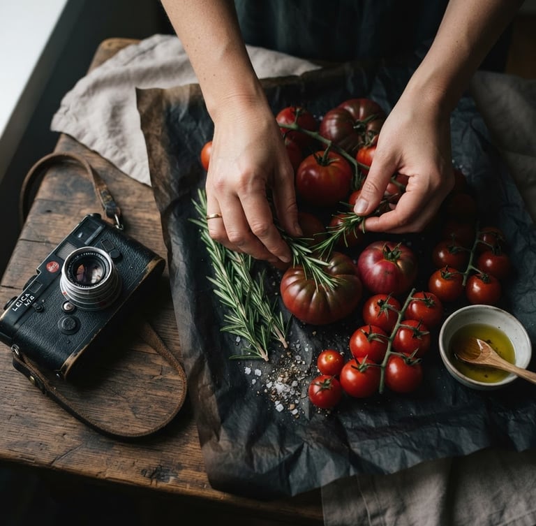 A close-up overhead shot of hands arranging fresh rosemary and ripe tomatoes on dark parchment paper, natural soft northern daylight, moody shadows, a vintage camera resting on the side