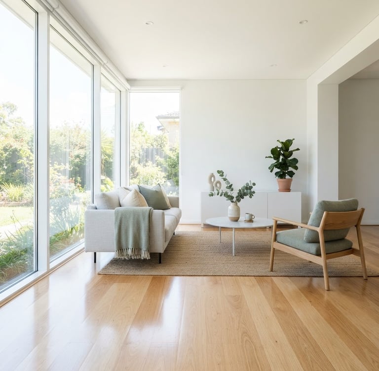 Bright high-key interior photography of a minimalist living room post-clean, crisp natural daylight streaming through large windows, immaculate dust-free wooden floor reflecting light, 35mm