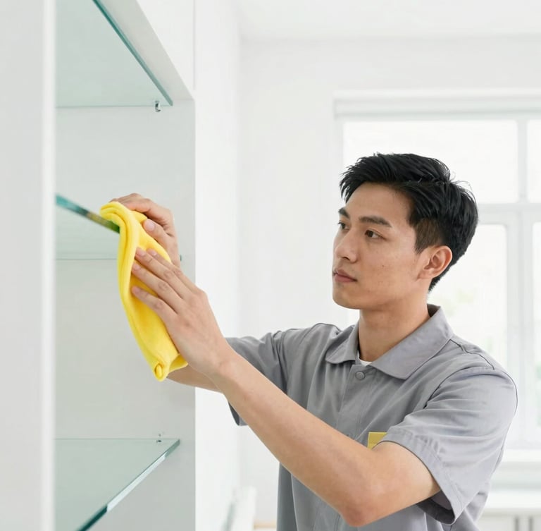 Bright high-key portrait of a focused professional cleaning specialist in a clean gray uniform, carefully wiping a minimalist glass shelf, soft daylight, sharp focus, 35mm