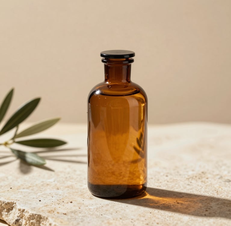 A minimalist amber glass bottle on a sunlit stone surface, soft shadows of olive leaves cast on a warm sand background, editorial style.