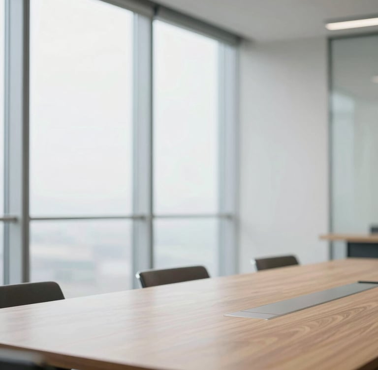 Clean geometric composition of a professional meeting room, soft daylight diffusing through glass walls, minimalist wooden table, sharp focus