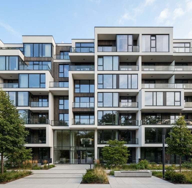 Wide shot of a modern residential building facade with clean lines and large windows under natural daylight, geometric composition, sharp focus, no people.