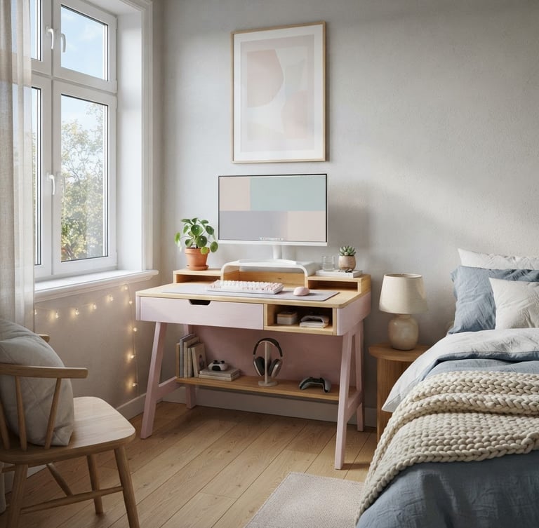A pastel-washed wooden gaming desk in a modern teen bedroom, bathed in soft morning window light, with a low-profile footprint. The desk is styled with a simple monitor and a plant, showing clean lines and smart storage integration. Wide architectural angle, 35mm lens.