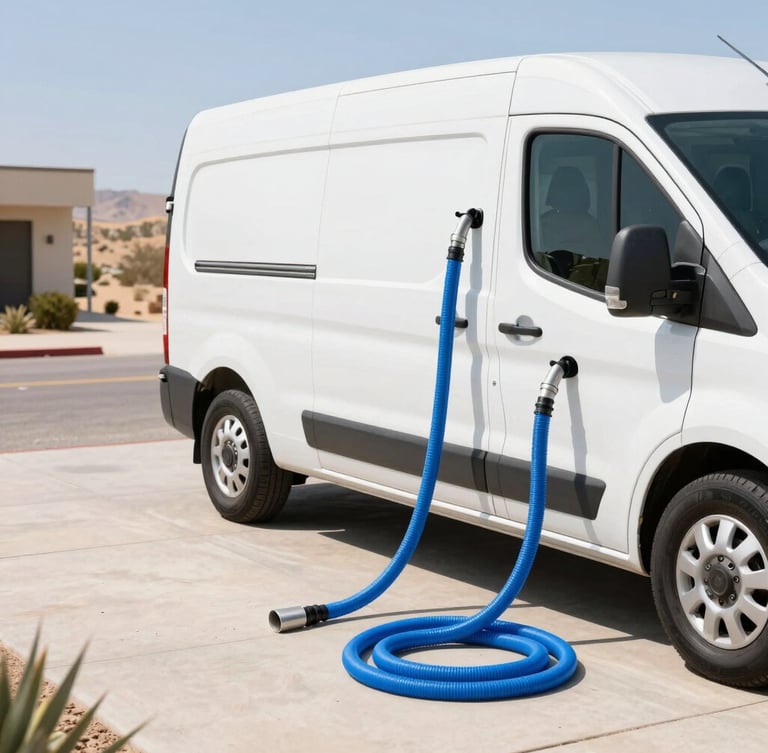 Bright sun-drenched driveway in St. George with a clean, modern white service van, professional blue extraction hoses neatly organized, soft natural light, clean desert background