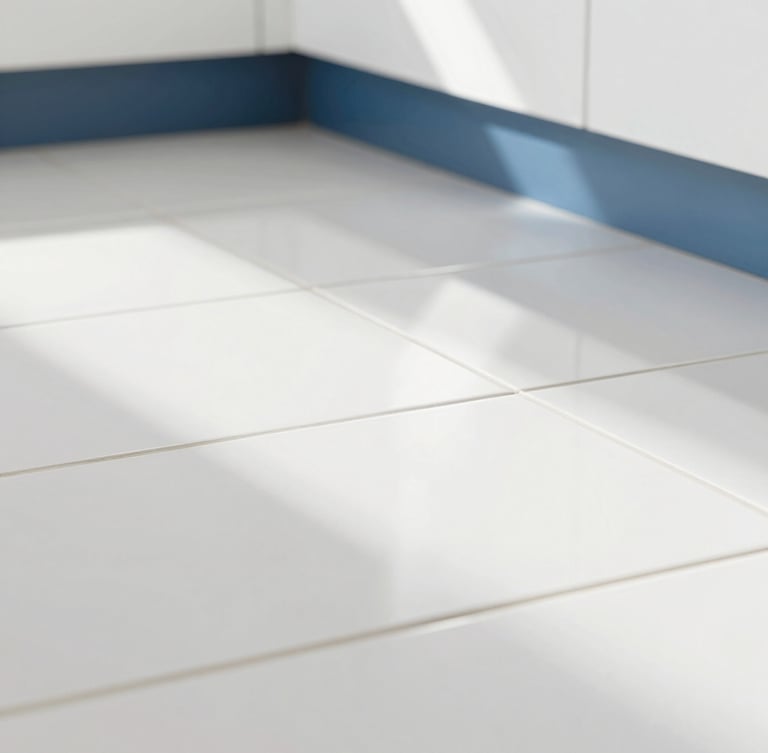 Sharp macro shot of clean tile lines and sparkling grout, bright natural light, clean reflections, immaculate modern kitchen floor.