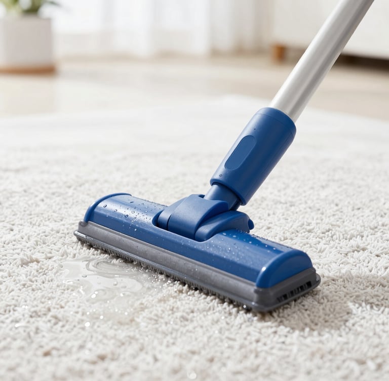 Close-up macro shot of a professional cleaning wand extracting water from a clean plush carpet, bright daylight, water droplets visible, clinical cleanliness.