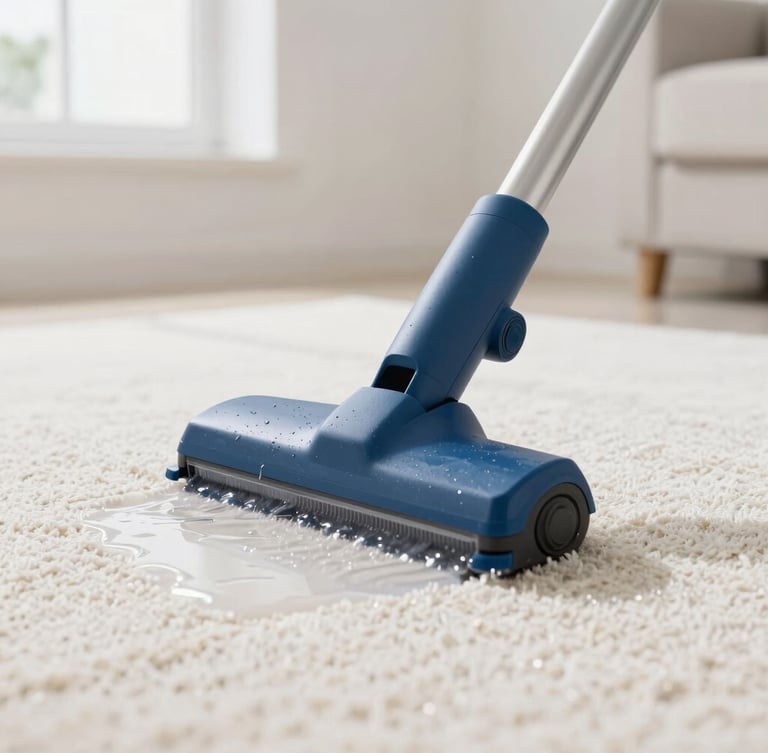 Close-up of a professional carpet cleaning wand extracting water from clean carpet fibers, bright high-key interior lighting, crisp details, water droplets visible, professional equipment