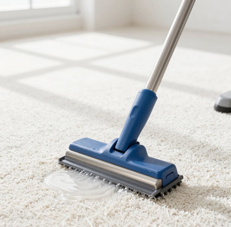 Close-up of a professional stainless steel carpet cleaning wand extracting water from clean, bright white carpet fibers, high-key natural daylight, sharp focus, 35mm lens