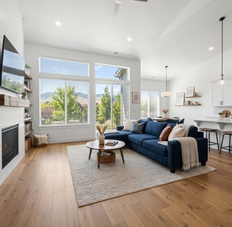 Wide architectural photography of a bright, clean living room in a Boise townhome, natural daylight streaming through open blinds, crisp white walls and warm blue accents, showing a spacious layout.