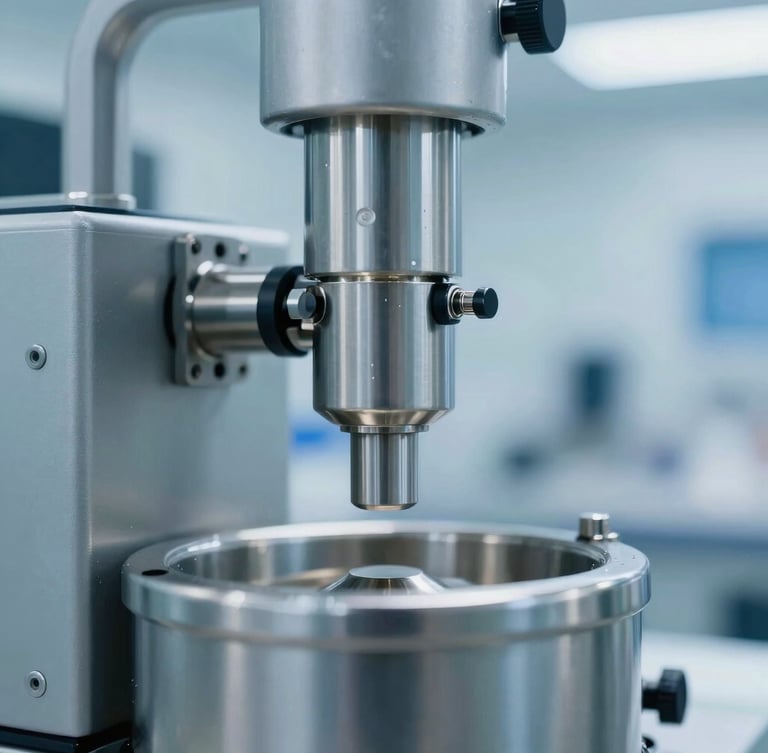A close-up of sterile stainless steel formulation machinery in a brightly lit cleanroom, cool blue daylight tones, macro focus